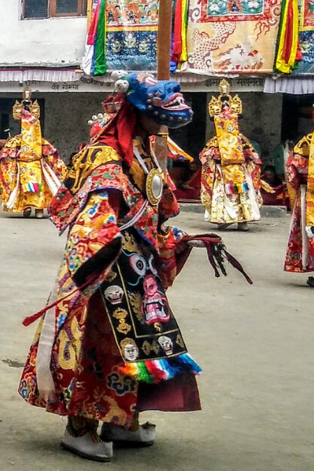 Most masks are gory looking and scary, while some are warm and pleasant. The fierce masks are actually the Bodhisattvas in their wrathful form in the Chham Dance in Kye Monastery