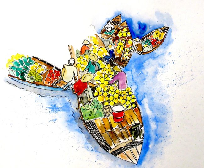 things to do in Vietnam like getting a glimpse of sellers selling fruits and vegetables at Mekong Delta at Cai Rang Floating Market a sketch in watercolour