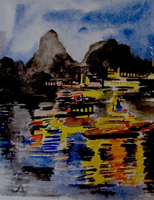 night view from the deck of halong bay in watercolour painting