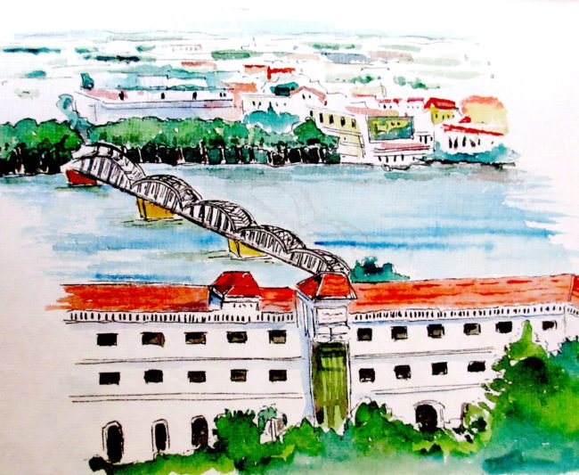 View from Thai Binh II hotel in Vietnam depicted through water colour sketch