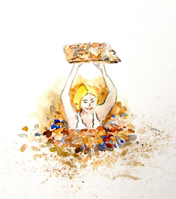 water colour depicting a woman inside an underground tunnel well camouflaged