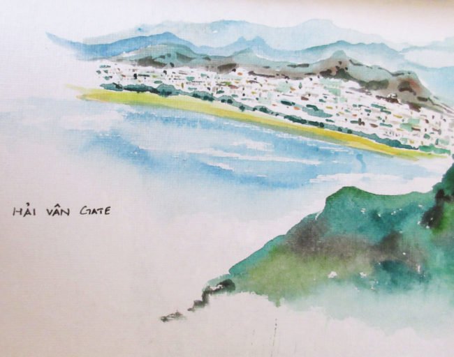 View of journey from Hue to Hoi with roads and railway lines just beside the beach water colour sketch