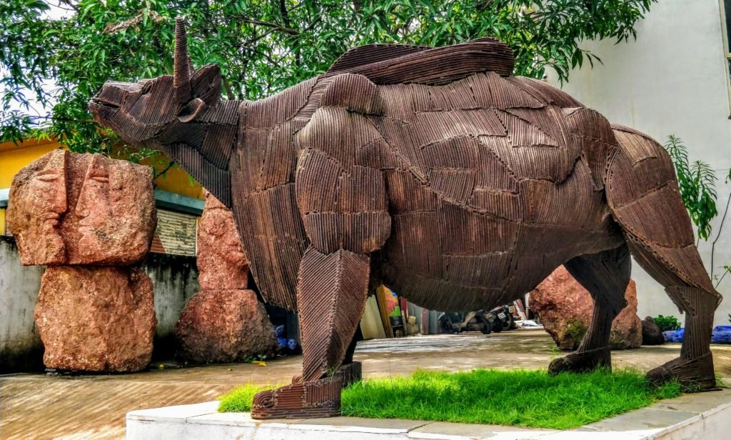 Indian Bison welded steel statue at the entrace of Museum of Goa in North Goa, India