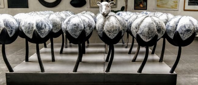 Installations depicting Cotton balls with one ball having the head of Sheep in Museum of Goa, India