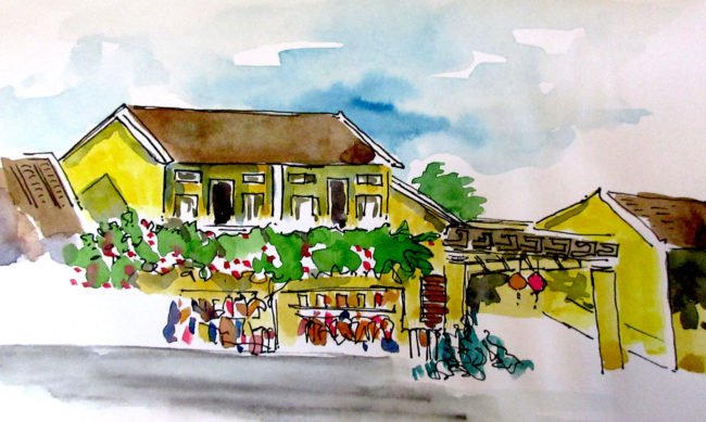 water colour sketch of yellow houses in HOi An in Vietnam's central coast