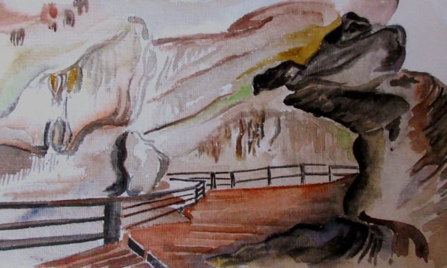 Water Colour painting of a walk inside paradise cave southwest of Son Trach in Vietnam