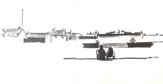 water Sketch of Imperial Citadel where a couple sits and watches sunset in Vietnam