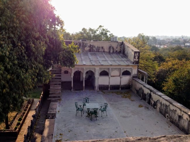 A room called Rohini Raja Mahal in the zenana wing of Deo Bagh Gwalior Madhya Pradesh opens to a large terrace