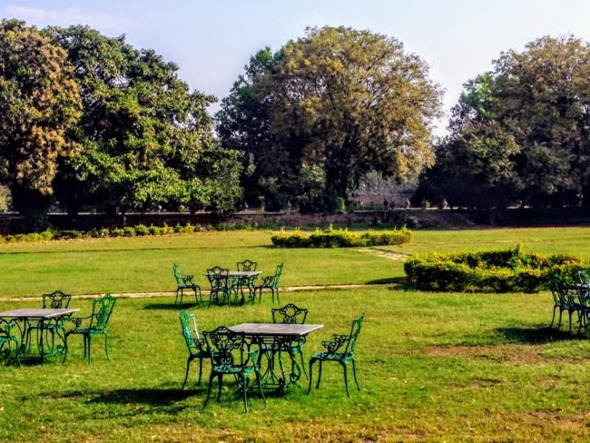 Lush green lawns with round tables and green chairs laid out on a sunny day