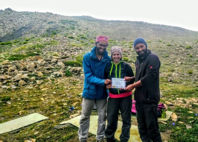 Receiving certificate of completion of Mount Kanamo Peak Trek in Spiti, Himachal Pradesh, India