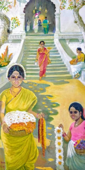 Oil painting showing girls and women coming out of a Goan Church in Museum of Goa, MOG