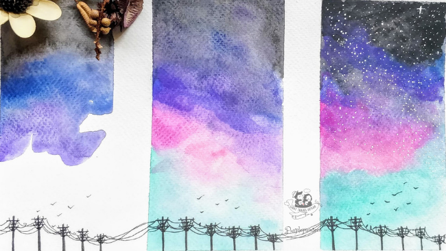 1 to 3 Steps shown from left to right of how to paint an Evening star-studded sky using Black, Prussian blue and violet, pink and turquoise colors with the silhouette of electric poles.This step by step water colour painting tutorial is super easy!Learn with step-by-step picture directions #lighttravelaction #easypaintings #easypaintingsforbeginners 