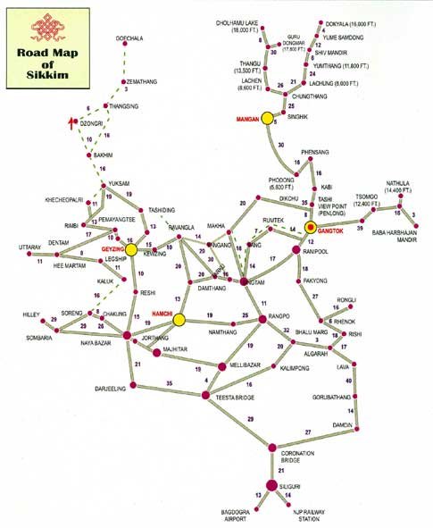 Free download road map of Sikkim. From Bagdogra Airport, shared and private taxi can be hired that takes around 4 hours to reach Gangtok. The distance between Bagdogra and Gangtok is 120 km. A private taxi would cost around INR 3000 and above. Alternatively, you can take a taxi or auto to Siliguri Bus station and then board a bus for Gangtok from there for a cheaper option.