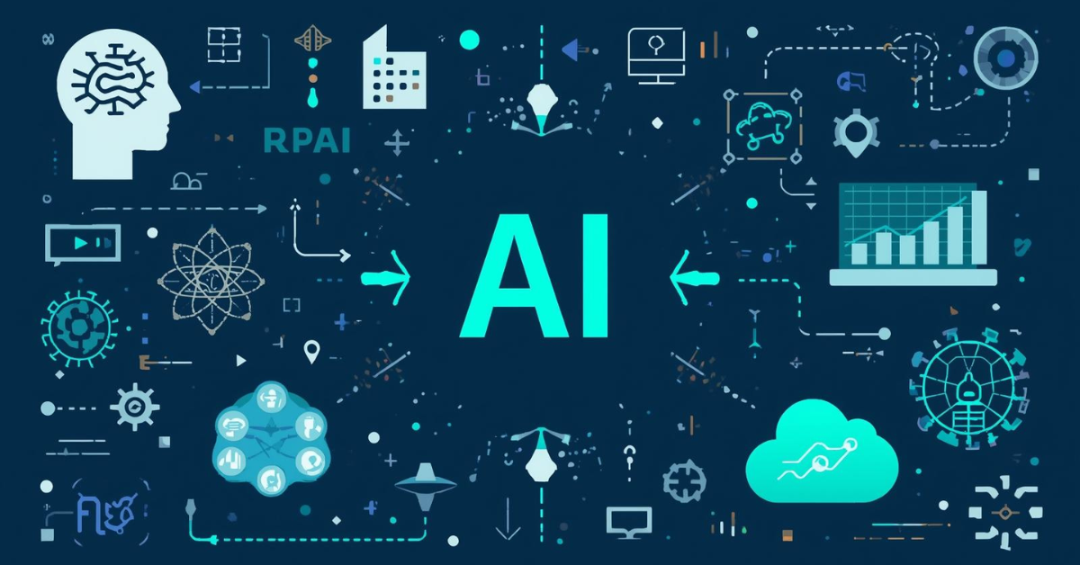 Illustration representing artificial intelligence (AI) with the large letters “AI” in the center, surrounded by icons and symbols related to technology, data, automation, robotics, cloud computing, and analytics on a dark blue background.