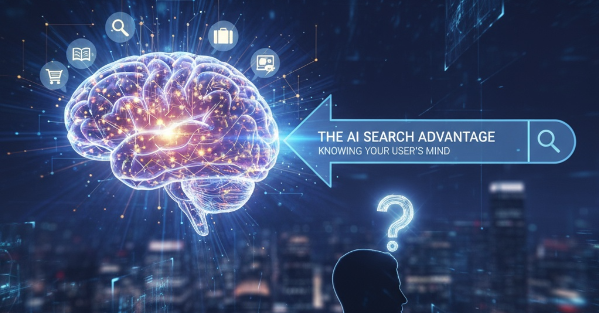 A digital illustration of a human brain with interconnected nodes and icons representing search, shopping, and information, alongside a silhouette of a person with a question mark above the head. The text "The AI Search Advantage - Knowing Your User's Mind" is displayed.