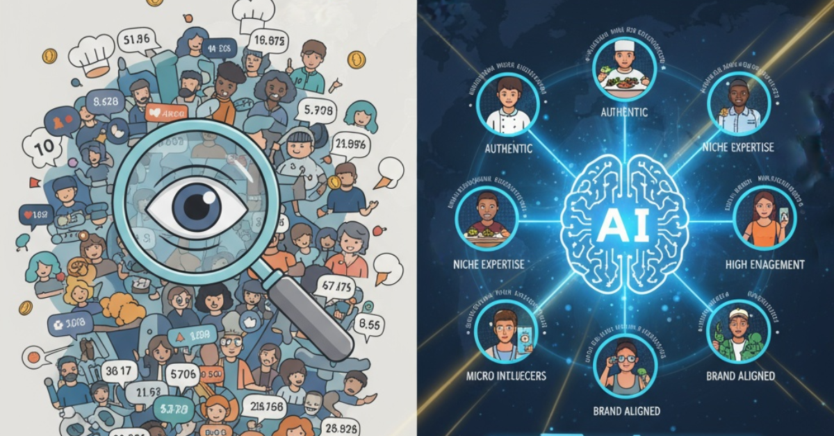 Group of diverse individuals standing on a futuristic platform with digital icons representing AI strategy elements, including trust, technology, and AI adoption.