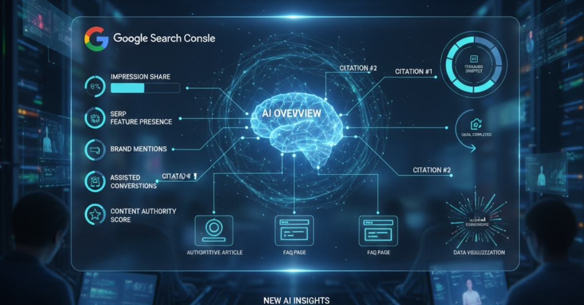 A futuristic interface showing Google Search Console metrics and AI insights, highlighting what to track when clicks disappear.