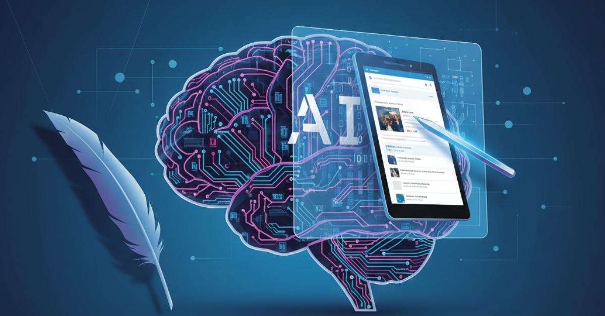 Illustration of a digital brain with circuitry, a tablet displaying a blog, and a quill pen, symbolizing the intersection of artificial intelligence and traditional blogging.