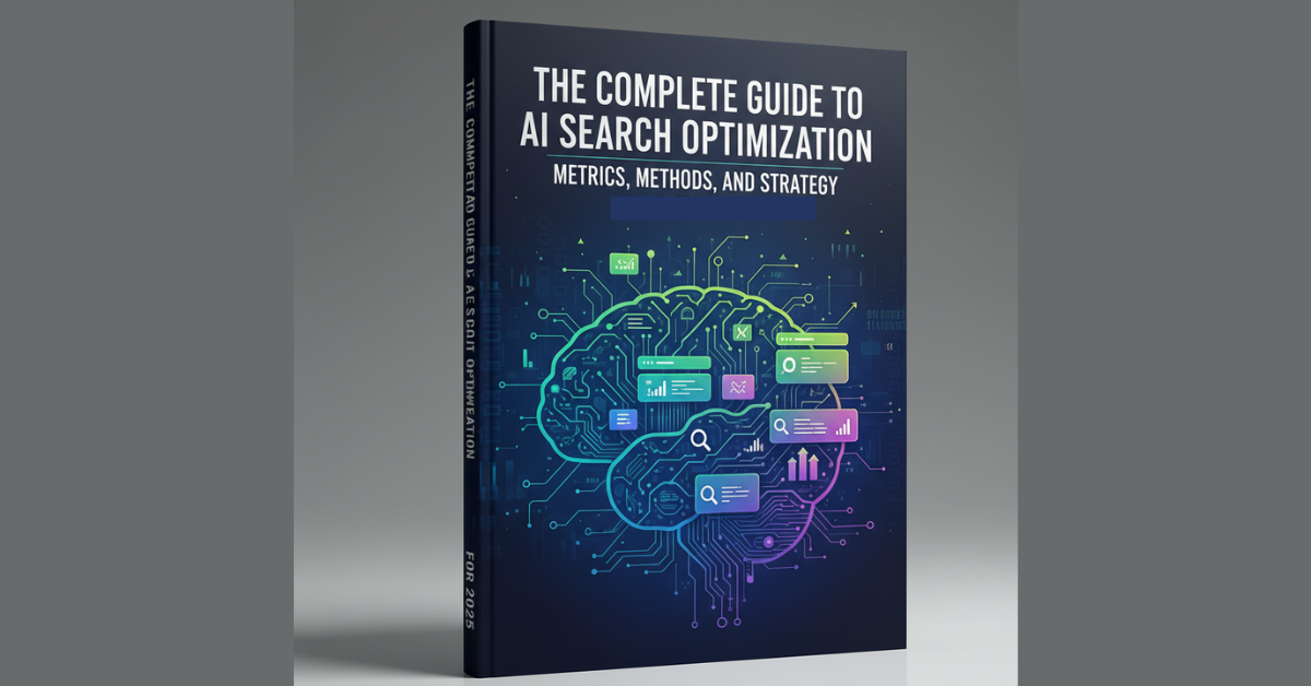 Book cover titled "The Complete Guide to AI Search Optimization" with a colorful brain illustration and various icons representing metrics, methods, and strategy.