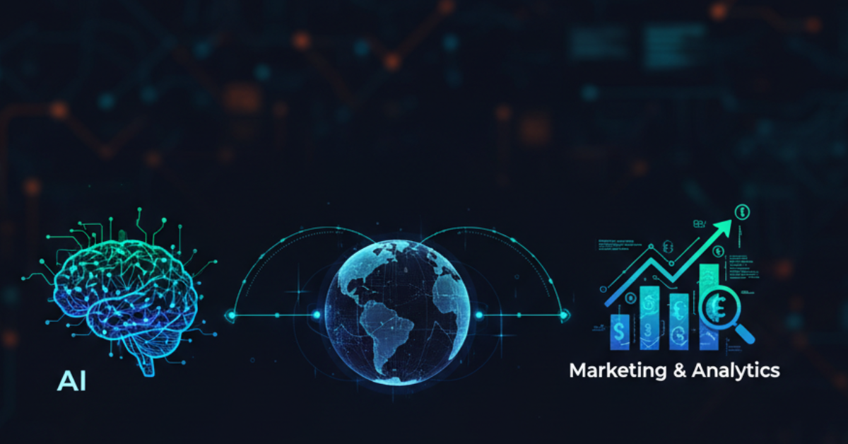 Futuristic graphic showing a glowing brain (AI) connected to a spinning globe, which is linked to a rising bar chart (Marketing & Analytics).