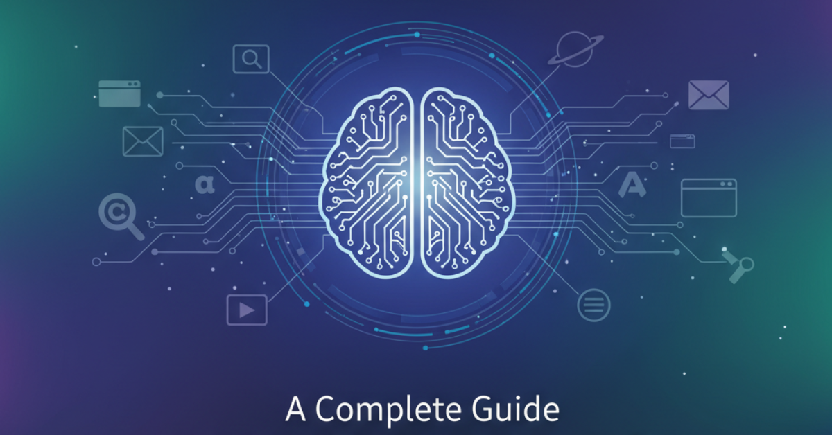 A book cover image with a futuristic, dark background. The central graphic is a glowing, circuit-board style brain surrounded by digital icons representing search, email, data, and connectivity.